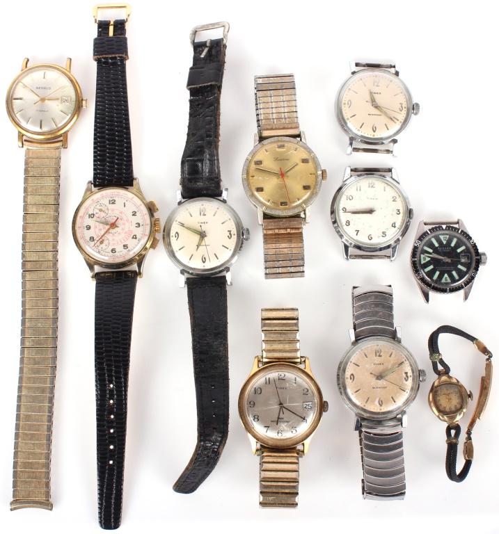 LOT OF MOSTLY MEN`S VINTAGE WRIST WATCHES - 10: 10221LOT OF MOSTLY MEN`S VINTAGE WRIST WATCHES - 10 Mixed lot of 8 mens and 2 womens wristwatches, varied makers and styles. To include Timex Marlin, an Endura sport Chronograph, Saxony Diver, Gruen, 