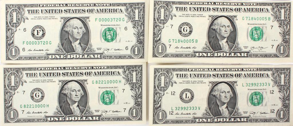 USA ERROR & COLLECTIBLE ONE DOLLAR BILLS - (4): 10240USA ERROR & COLLECTIBLE ONE DOLLAR BILLS - (4) USA error and collectible one dollar bills. Lot to include one faulty alignment dollar bill, one dollar bill with a number raised in the serial numb