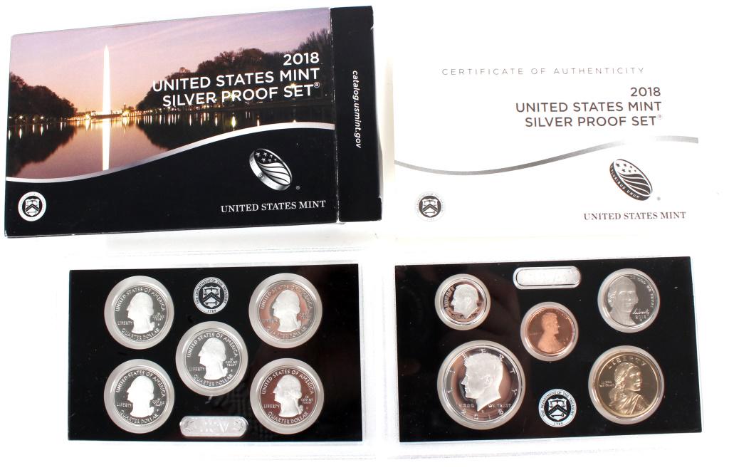 2018 UNITED STATES MINT .90 SILVER PROOF SET: 102452018 UNITED STATES MINT .90 SILVER PROOF SET 2018 United States Mint .90 Silver Proof Set. Lot to include 5 90% silver quarters, a 90% silver half dollar, a 90% silver dime, and the penny, nickel