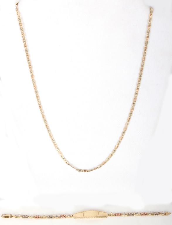 14K YELLOW GOLD LADIES BRACELET & NECKLACE: 1014814K YELLOW GOLD LADIES BRACELET & NECKLACE 14k yellow gold ladies bracelet and necklace matching set with an empty engraving plate. Weight: 16.9 Grams Size: 26" Length