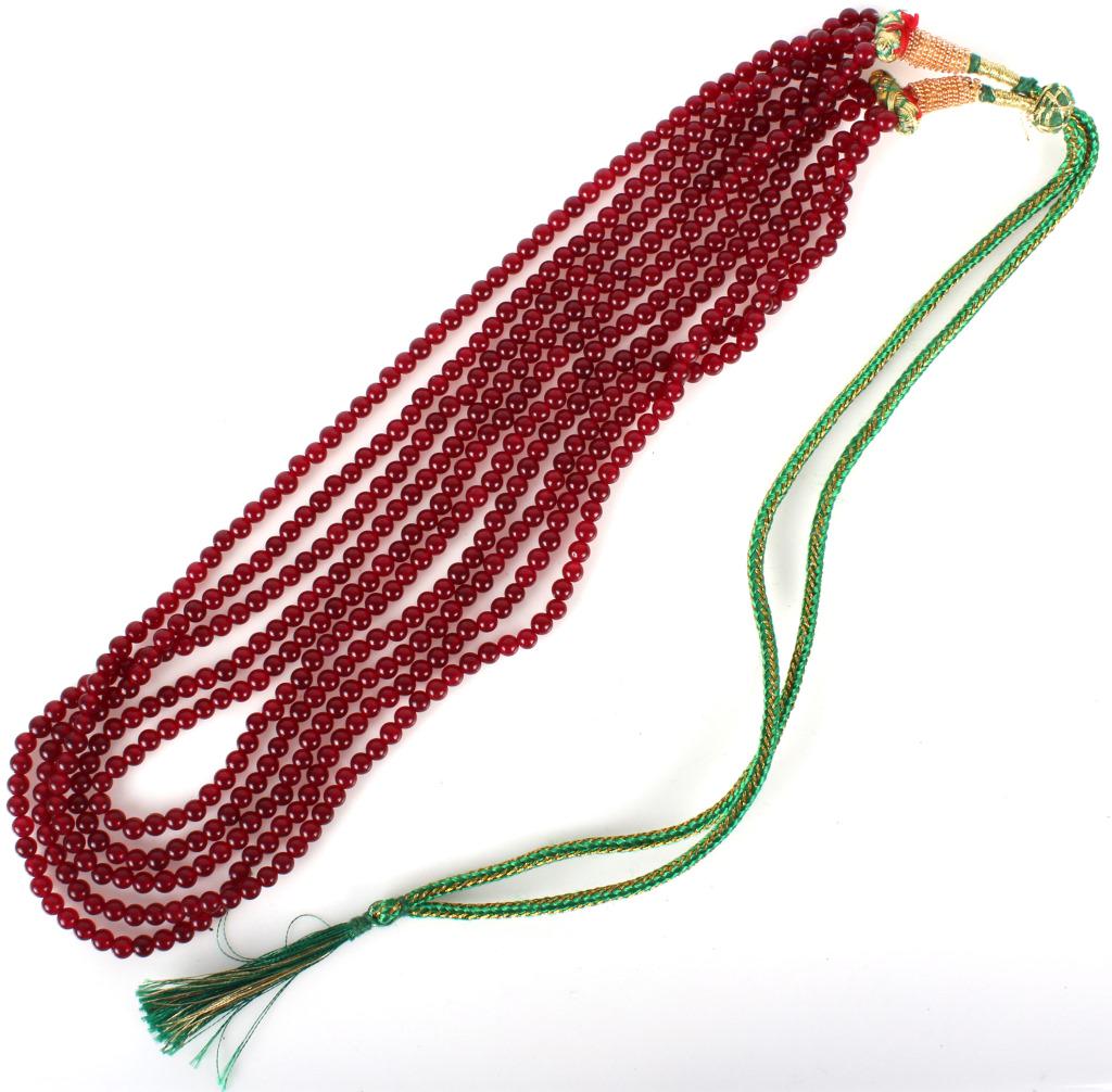 RED JADEITE BEADED & WOVEN CHORD NECKLACE: 10216RED JADEITE BEADED & WOVEN CHORD NECKLACE Red jadeite beaded and woven chord necklace. Necklace comes with a green and yellow adjustable woven chord. Necklace has 5 tiers. JadeWeight: 66.0 Grams 
