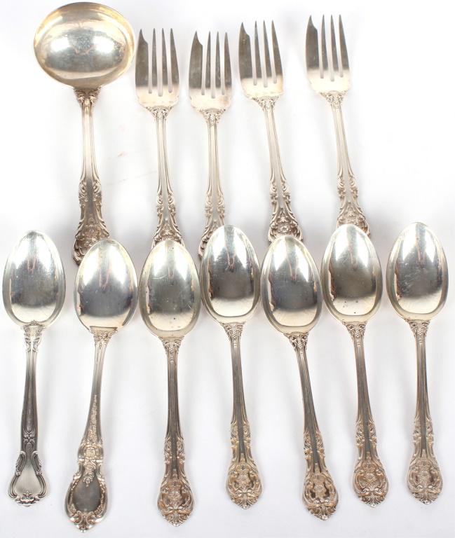 GORHAM STERLING SILVER FLATWARE - 451.8 GRAMS: 10221GORHAM STERLING SILVER FLATWARE - 451.8 GRAMS Gorham sterling silver flatware. Lot to include 4 forks, 7 spoons, and a ladle. All marked "Gorham Sterling". Weight: 451.8 GramsSize: Varied