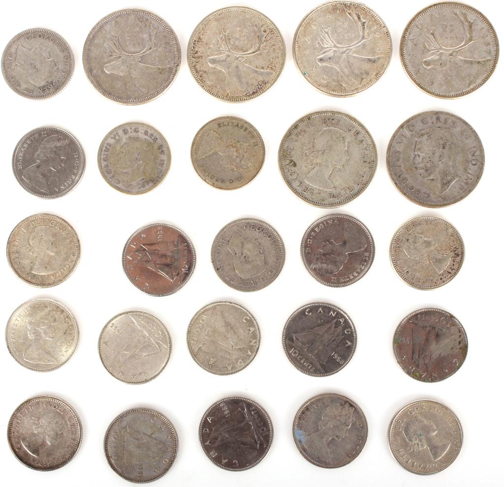 80% & 50% SILVER CANADIAN DIMES & QUARTERS - (25): 1023380% & 50% SILVER CANADIAN DIMES & QUARTERS - (25) 80% and 50% silver Canadian dimes and quarters. Lot to include 7, 50% silver Canadian dimes and 18 80% silver dimes and quarters.Weight: 80% 62.4