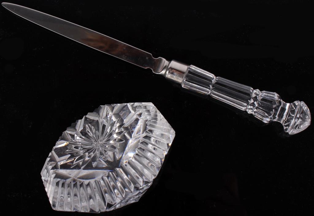 WATERFORD CRYSTAL PAPER WEIGHT & LETTER OPENER: 10265WATERFORD CRYSTAL PAPER WEIGHT & LETTER OPENER Waterford Crystal diamond shaped paper weight and one Waterford Crystal letter opener. Size: 8.5" largest