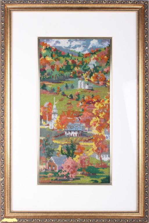 BEADWORK HOUSES IN A VALLEY FRAMED ART: 10312BEADWORK HOUSES IN A VALLEY FRAMED ART Beadwork houses in a valley framed art. The art depicts a valley with a winding road, with trees and houses. Size: 23.75 X 15.75"