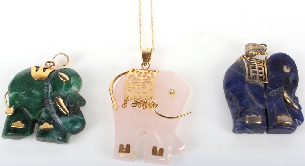 10K YELLOW GOLD JADEITE ELEPHANT JEWELRY - (3): 1041710K YELLOW GOLD JADEITE ELEPHANT JEWELRY - (3)10 karat yellow gold jadeite elephant jewelry. Lot to include one 10 karat gold chain with a gold and jade elephant pendant, and two additional 10 ka