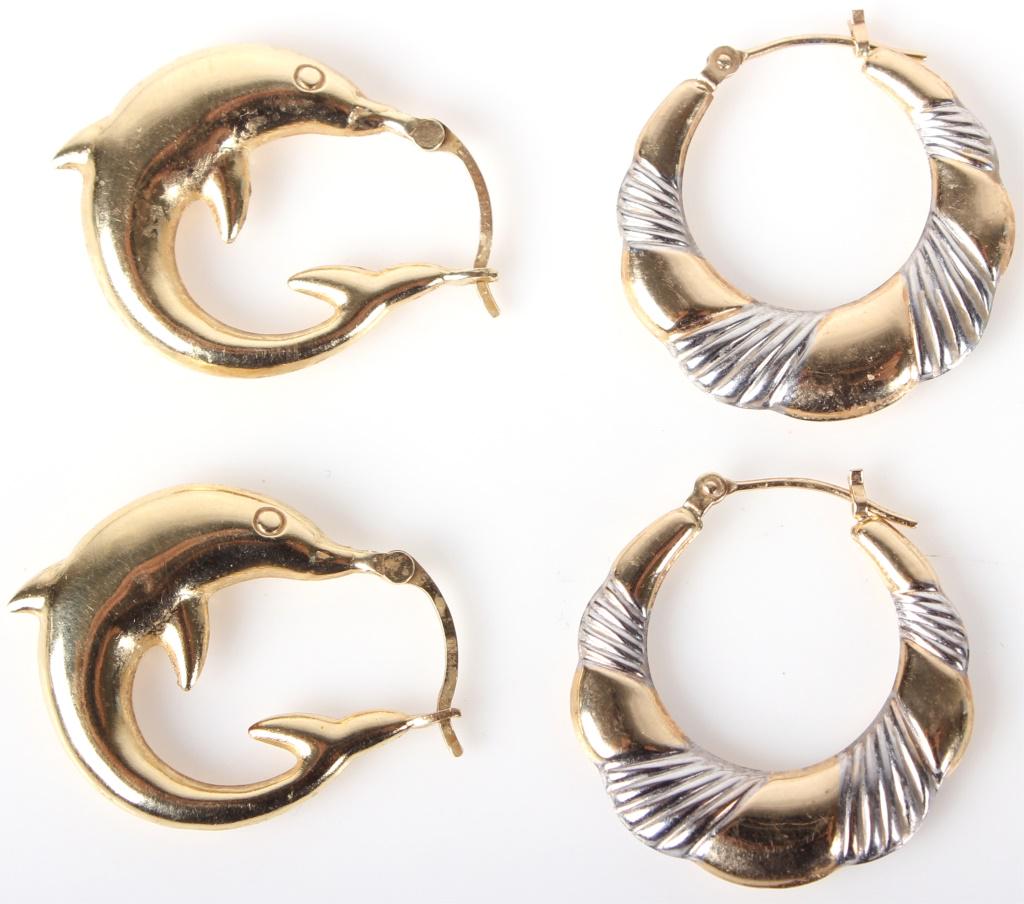 14K YELLOW GOLD HOOP LADIES EARRINGS - LOT OF 2: 1045014K YELLOW GOLD HOOP LADIES EARRINGS - LOT OF 214 karat yellow gold hoop ladies earrings. Lot to include one pair of dolphin hoop earrings and one other pair of hoop earrings, both 14 karat.4.3 G