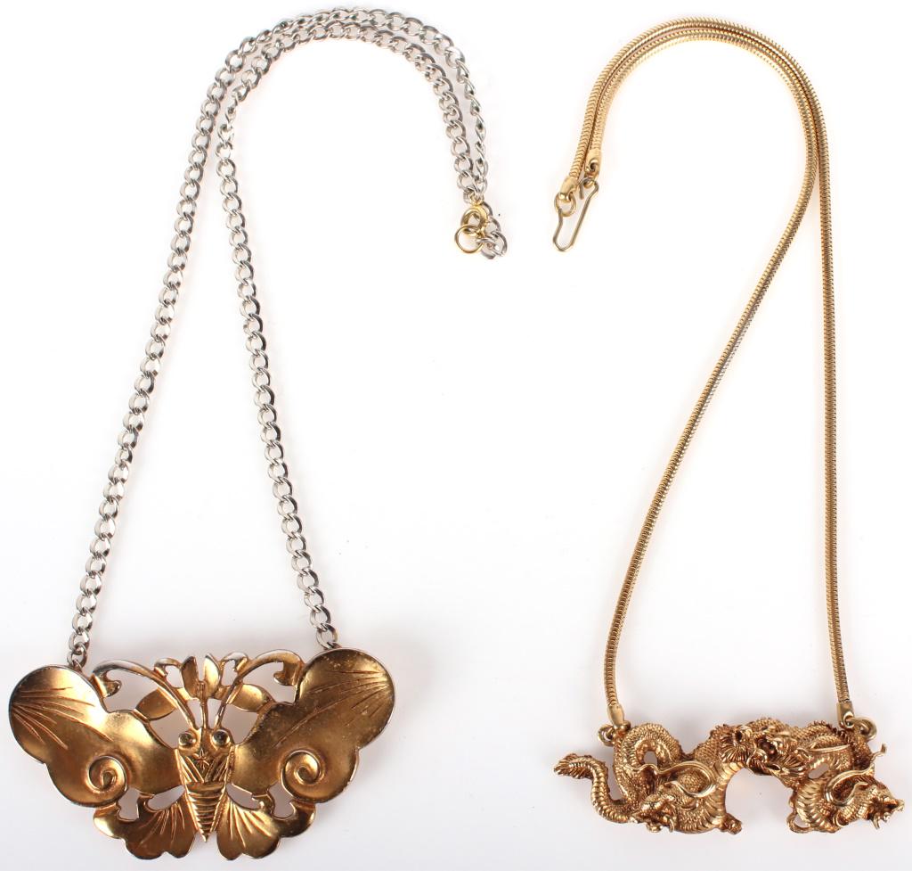 VINTAGE ALVA MUSEUM REPLICA NECKLACES - LOT OF 2: 10491VINTAGE ALVA MUSEUM REPLICA NECKLACES - LOT OF 2Vintage Alva Museum replica necklaces. Lot to include one Alva dragon pendant necklace and one Alva butterfly pendant necklace.76 Grams21.5 and 20"