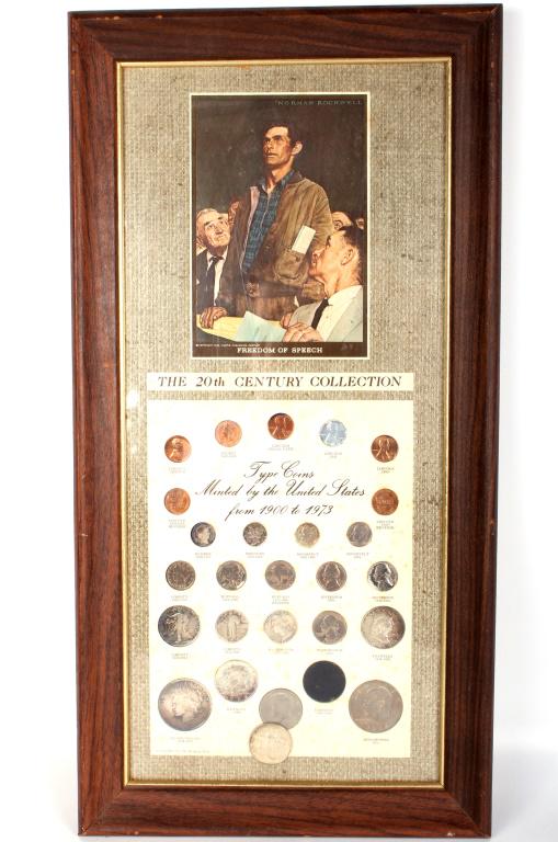 20TH CENTURY U.S. COIN SET IN FRAME 1900-1973: 1053820TH CENTURY U.S. COIN SET IN FRAME 1900-197320th century framed collection type coins minted by the United States from 1900 to 1973 to include twenty six coins; 1923 silver dollar, 1943 walking