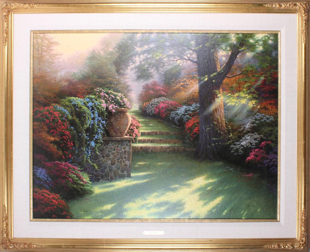 THOMAS KINKADE OIL ON CANVAS LITHOGRAPH PAINTING: 10611THOMAS KINKADE OIL ON CANVAS LITHOGRAPH PAINTINGThomas Kinkade oil on canvas lithograph painting "Pathway to Paradise: Visions of Paradise II". Special Renaissance Edition created with a brushwor