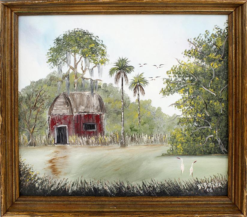 BL BUTLER FLORIDA OLD BARN OIL PAINTING ON BOARD: 10619BL BUTLER FLORIDA OLD BARN OIL PAINTING ON BOARDBL Butler Florida old barn oil painting onboard. Painting depicts an old barn in a Florida swamp with birds looking at the barn. Signed in lower ri