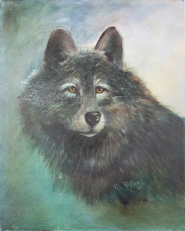 PAT ROLLINS FLORIDA ARTIST OIL WOLF PAINTING: 10627PAT ROLLINS FLORIDA ARTIST OIL WOLF PAINTINGPat Rollins Florida artist oil wolf painting. Painting signed in bottom right, doesn't have frame.20 X 16"