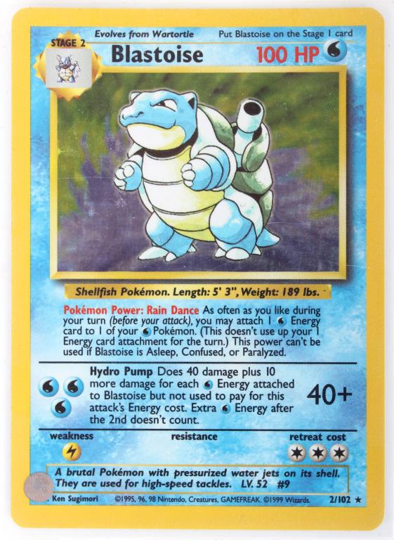 BLASTOISE BASE SET HOLOGRAPHIC POKEMON CARD 2/102: 10675BLASTOISE BASE SET HOLOGRAPHIC POKEMON CARD 2/102Blastoise base set holographic Pokemon card 2/102. In protective card sleeve.2.5 X 3.5"