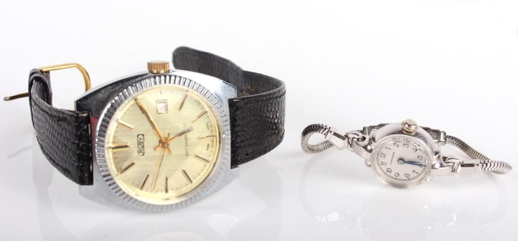 MEN'S & LADIES WRISTWATCHES - LONGINES & RUBY: 10381MEN'S & LADIES WRISTWATCHES - LONGINES & RUBY Men's and ladies wristwatches to include one Longines ladies 10k gold filled wristwatch, does not keep time, and one Ruby men's antimagnetic wristwat