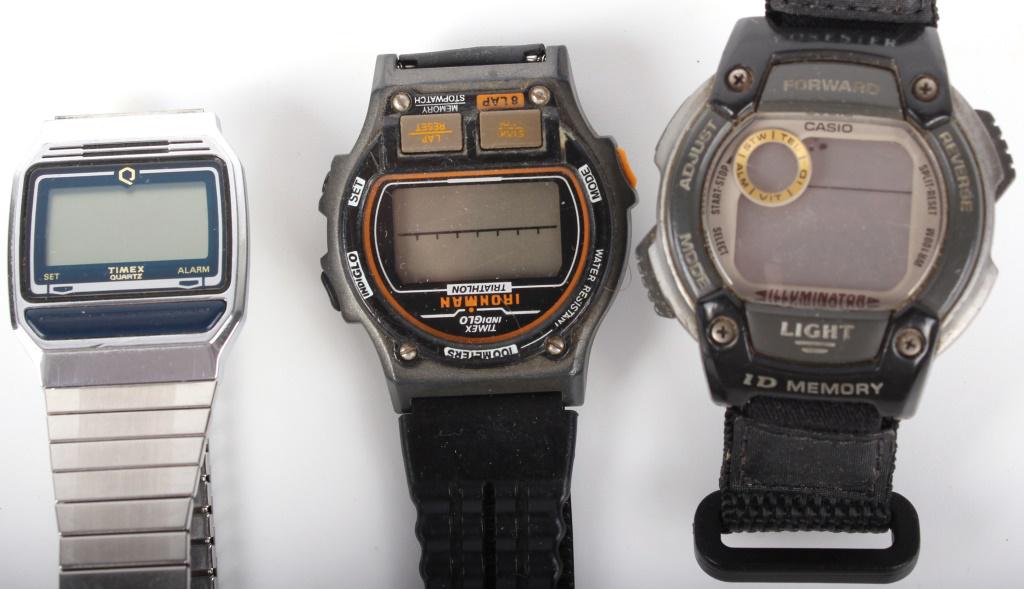 ASSORTED MENS DIGITAL WRISTWATCHES - LOT OF 3: 10391ASSORTED MENS DIGITAL WRISTWATCHES - LOT OF 3 Assorted men's digital wristwatches to include one all metal Timex, one Timex Iron man, and one Forester wristwatch. Metal, Plastic Wristwatch Timex,
