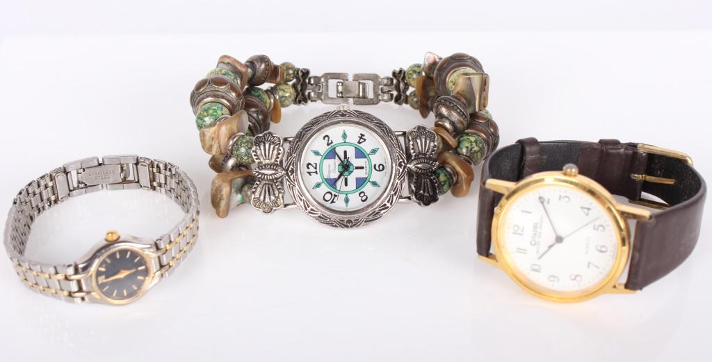 JACQUES COUTURE CITADEL CITIZEN MENS WATCHES - 3: 10392bJACQUES COUTURE CITADEL CITIZEN MENS WATCHES - 3 Jacques Couture, Citadel, and Citizen mens watches. Lot to include one vintage Jacques Couture watch with a green stone band, one Citadel water r