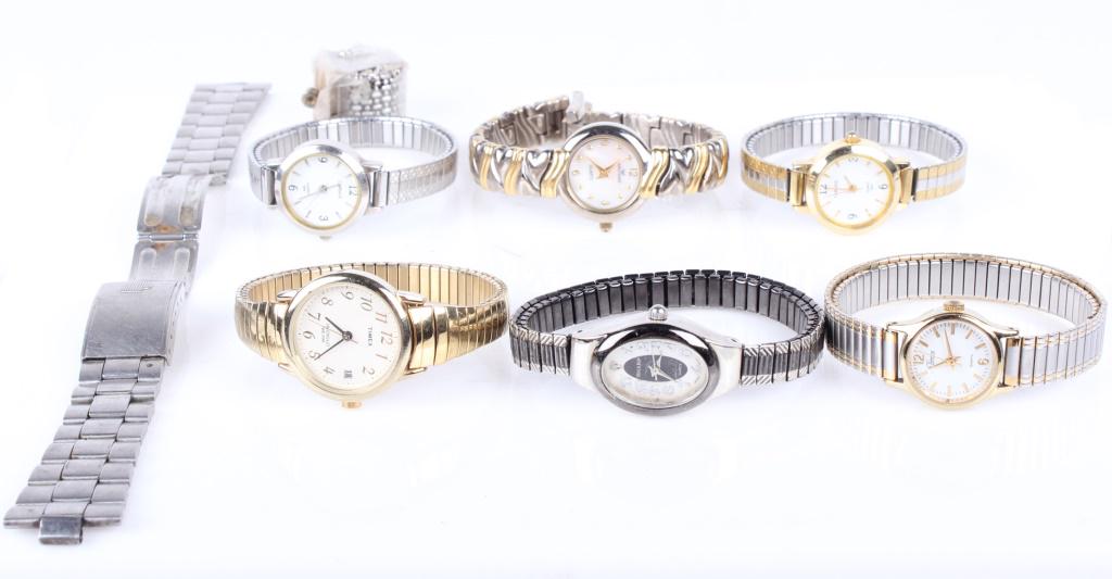 ASSORTED LADIES WRISTWATCHES & BANDS - LOT OF 8: 10397ASSORTED LADIES WRISTWATCHES & BANDS - LOT OF 8 Assorted ladies wristwatches and bands. Lot to include one Waltham quartz watch, one Sharp watch, two Carriage quartz watches, two Timex quartz wat