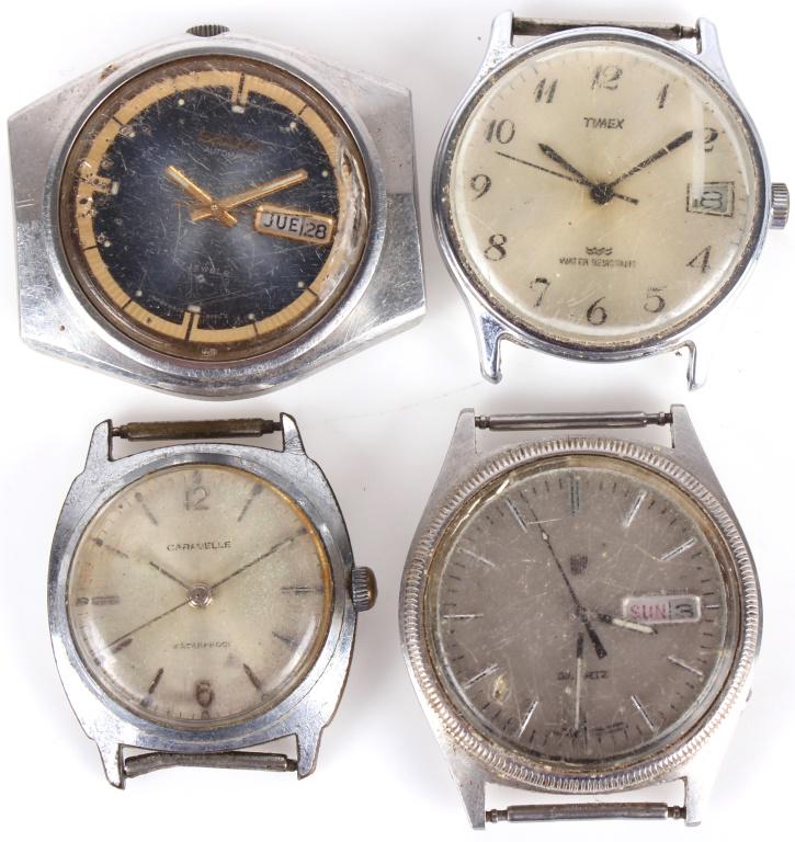 CARAVELLE SEIKO TIMEX PULSAR MENS WATCHES - (4): 10400CARAVELLE SEIKO TIMEX PULSAR MENS WATCHES - (4) Caravelle, Seiko, Timex, and Pulsar mens watches. Watches don't have straps. Wristwatch Varied Mens Size: Varied Varied