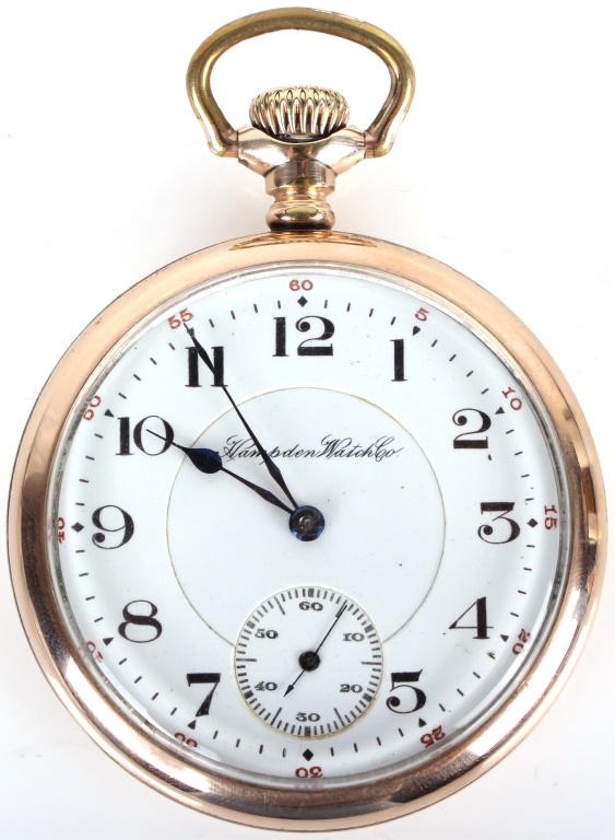 1911 HAMPDEN GOLD PLATE UNISEX POCKET WATCH: 104111911 HAMPDEN GOLD PLATE UNISEX POCKET WATCH 1911 Hampden gold plate unisex pocket watch. Bridge plate with 17 jewels lever or pendant movement. The grade is Wm. McKinley and the movement serial n