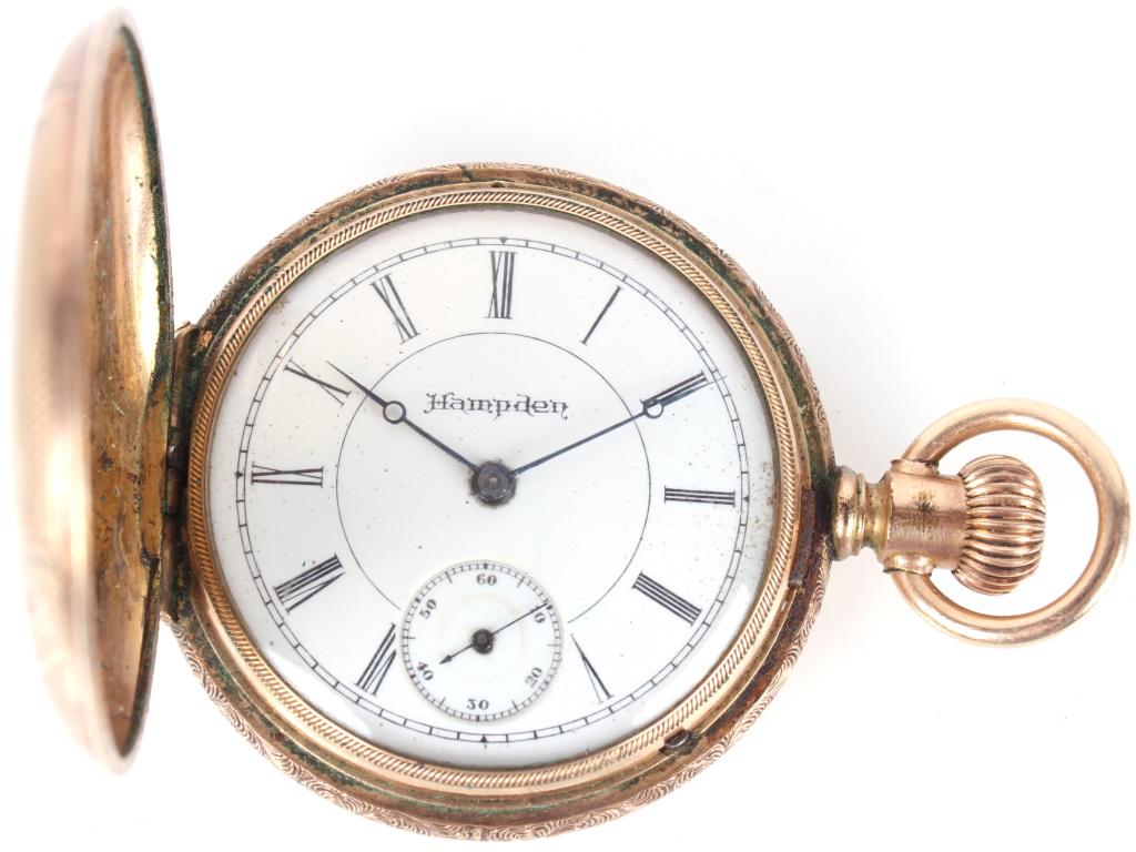 1888 HAMPDEN GOLD PLATE UNISEX POCKET WATCH: 104131888 HAMPDEN GOLD PLATE UNISEX POCKET WATCH 1888 Hampden gold plated unisex pocket watch. 3/4 plate with 11 jewels of lever movement. Grade is 206 and movement serial number is 508963. Manufactur