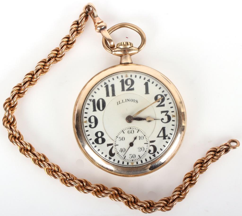 1918 ILLINOIS GOLD PLATE UNISEX POCKET WATCH: 104191918 ILLINOIS GOLD PLATE UNISEX POCKET WATCH 1918 Illinois gold plated unisex pocket watch. 3/4 plate with 21 jewels lever movement. The run quantity is 1,000 and the total production amount is 3