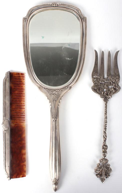 ASSORTED STERLING SILVER ITEMS - MIRROR, FORK, ETC (1 of 7)