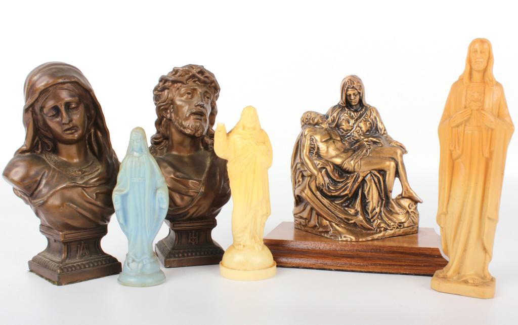 ASSORTED CHRISTIAN STATUES - LOT OF 6: 10790ASSORTED CHRISTIAN STATUES - LOT OF 6 Assorted Christian statues to include two plastic Jesus statues, one plastic Mary statue, a brass statue of Jesus, a brass statue of Mary and a metal statue