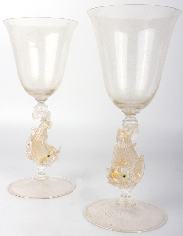 MURANO VINTAGE FISH STEM WINE GOBLETS (2): 10795MURANO VINTAGE FISH STEM WINE GOBLETS (2) Murano vintage fish stem wine goblets with gold flakes inside the glass. - lot of 2. Size: 8.75" Condition: Very fine. 8.75"