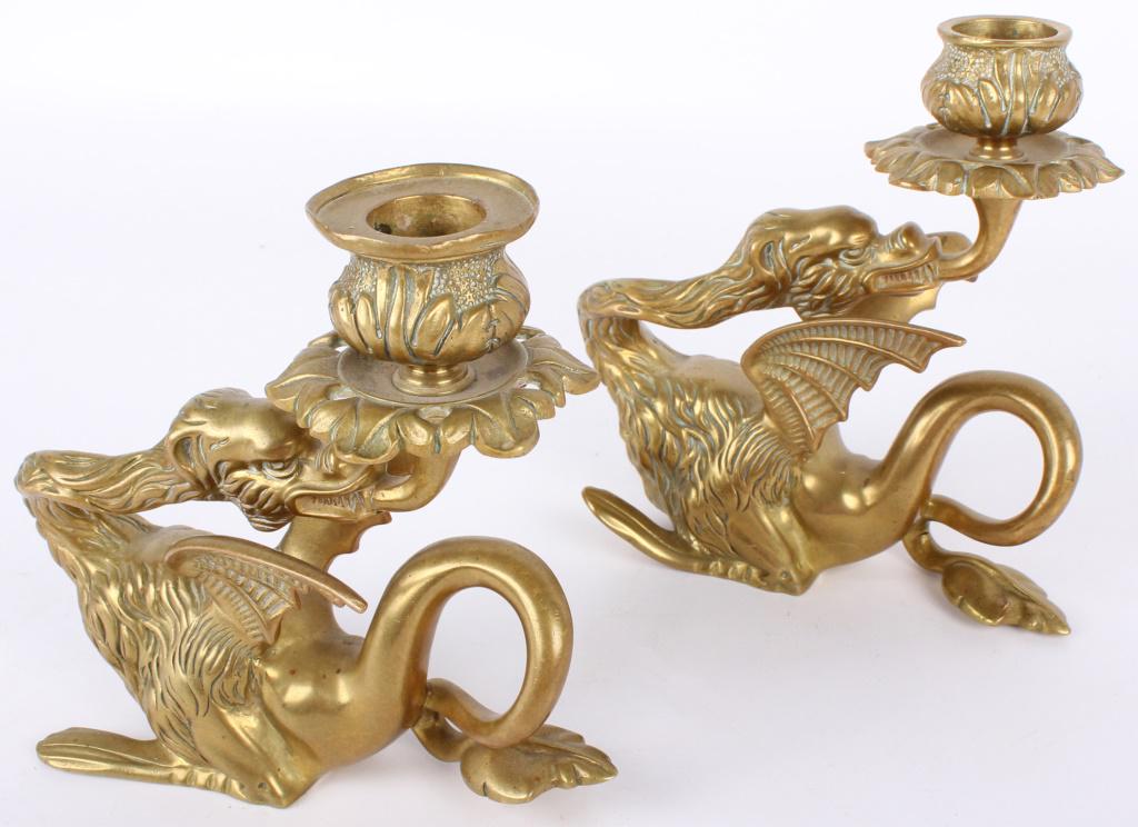 CHINESE BRONZE DRAGON CANDLE HOLDERS (2) (1 of 3)
