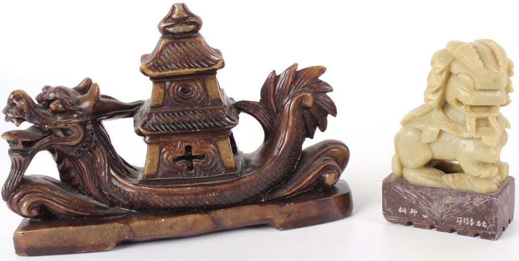FOO DOG SOAP STONE & LOONG DRAGON BRONZE STATUES (1 of 7)