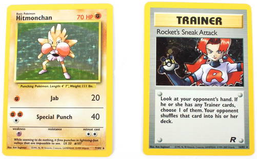 ROCKETS SNEAK ATTACK & HITMONCHAN POKEMAN CARDS: 10970ROCKETS SNEAK ATTACK & HITMONCHAN POKEMAN CARDS Trainer Rocket's Sneak Attack holographic 1st edition 16/82 and Hitmonchan holographic PL base set 7/102 Pokemon cards. Condition: Near mint.