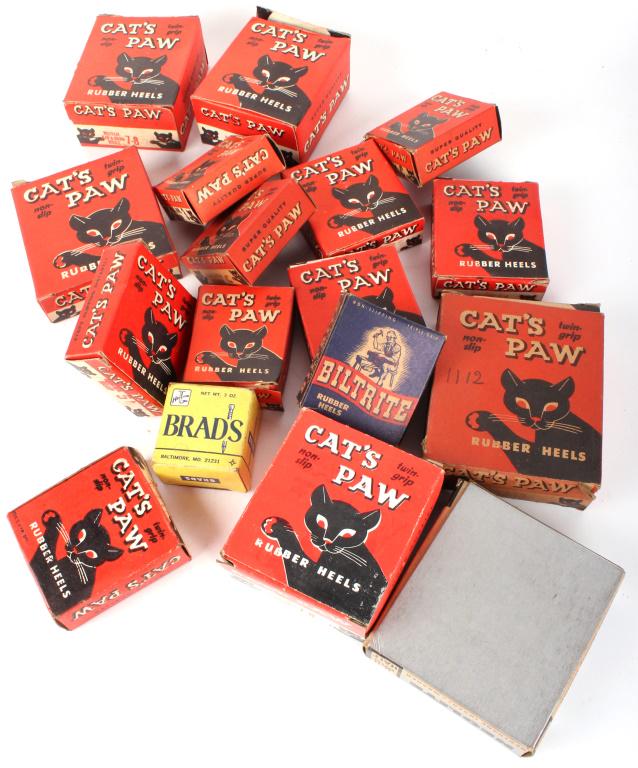 1960S SUPER QUALITY CATS PAW RUBBER HEELS (30): 110271960S SUPER QUALITY CATS PAW RUBBER HEELS (30) 1960s super quality cats paw rubber heels to include various sizes - lot of 30. Size: Varied Condition: Wear commensurate with age. Varied