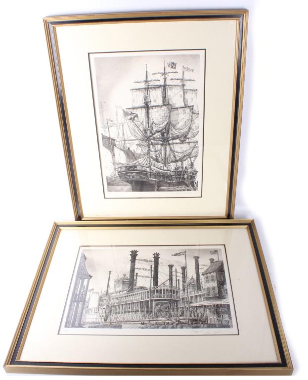 AMERICAN HISTORICAL BOAT FRAMED SKETCHS - LOT OF 4: 10986AMERICAN HISTORICAL BOAT FRAMED SKETCHS - LOT OF 4 Collection of etchings of famous historical American boats. Included is an etch of the Robert E. Lee Steamboat, the Charles W. Morgan whale ship