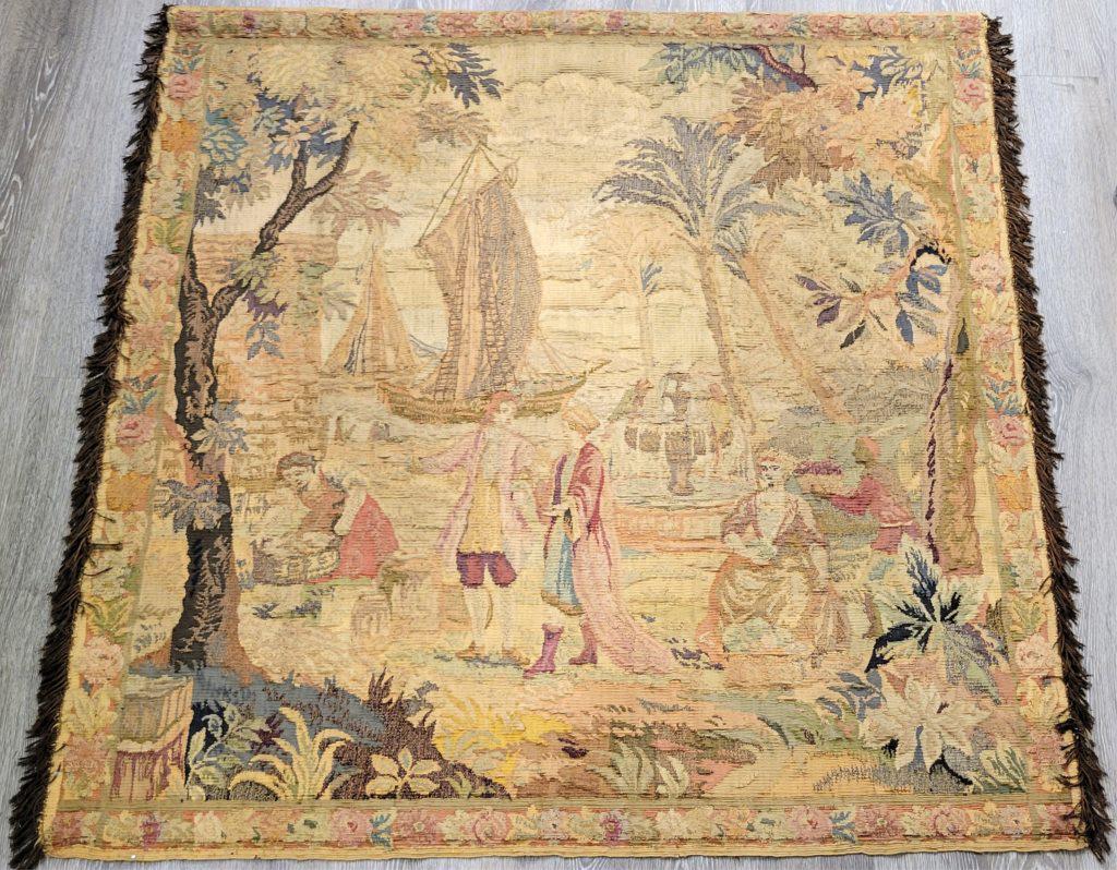18TH CENTURY FLEMISH TAPESTRY OF BELGIAN MERCHANT: 1102118TH CENTURY FLEMISH TAPESTRY OF BELGIAN MERCHANT Early 18th Century Flemish Tapestry panel made at Brus. Artists in the 18th century, known as "Symbolist", believed that art must be Symbolic. El