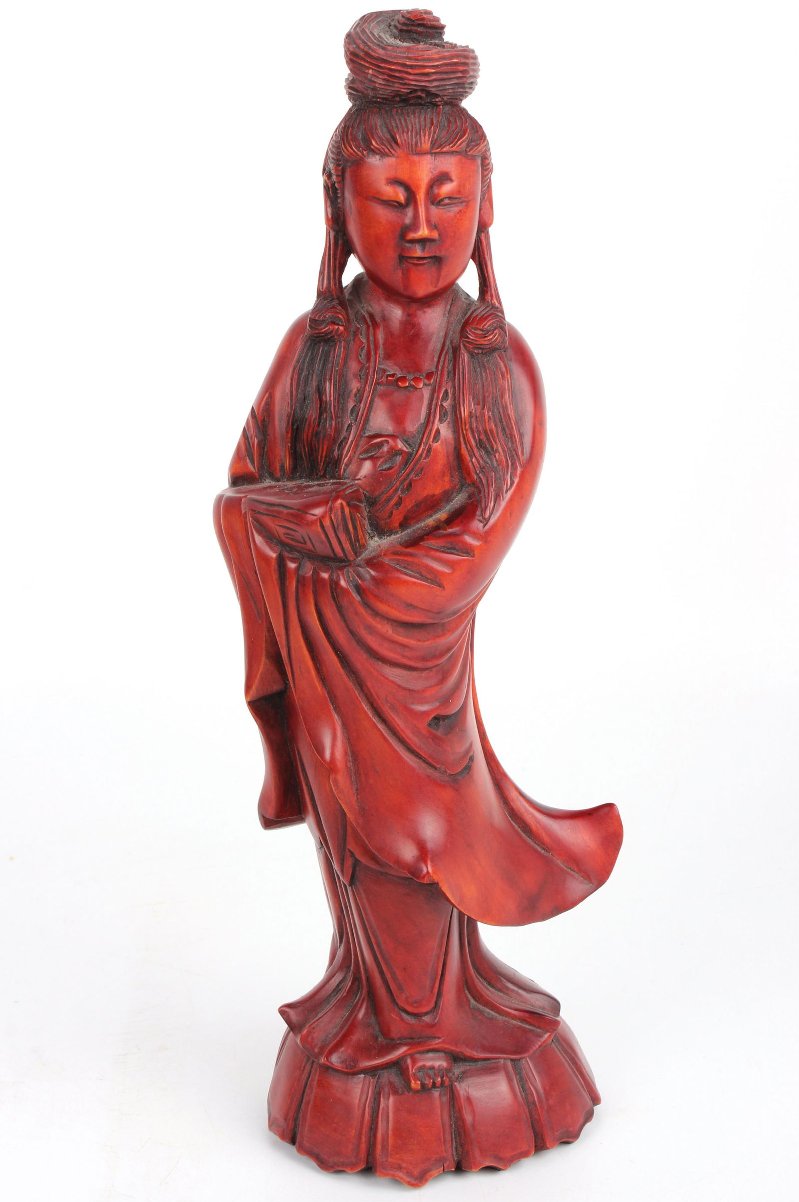 CHINESE CINNABAR STATUE - STANDING WOMAN: 11147CHINESE CINNABAR STATUE - STANDING WOMAN Chinese cinnabar carved statue of a beautiful Chinese woman with long hair standing barefoot in long flowing robes. Size: 12"Condition: Very fine 12"
