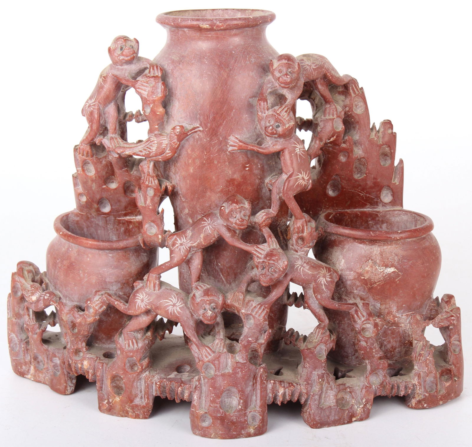 HAND CARVED SOAPSTONE FLOWER HOLDER - MONKEYS (1 of 4)