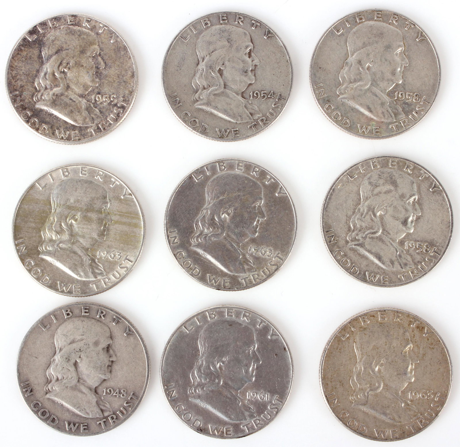 90% SILVER FRANKLIN HALF DOLLAR COINS - LOT OF 9 (1 of 2)