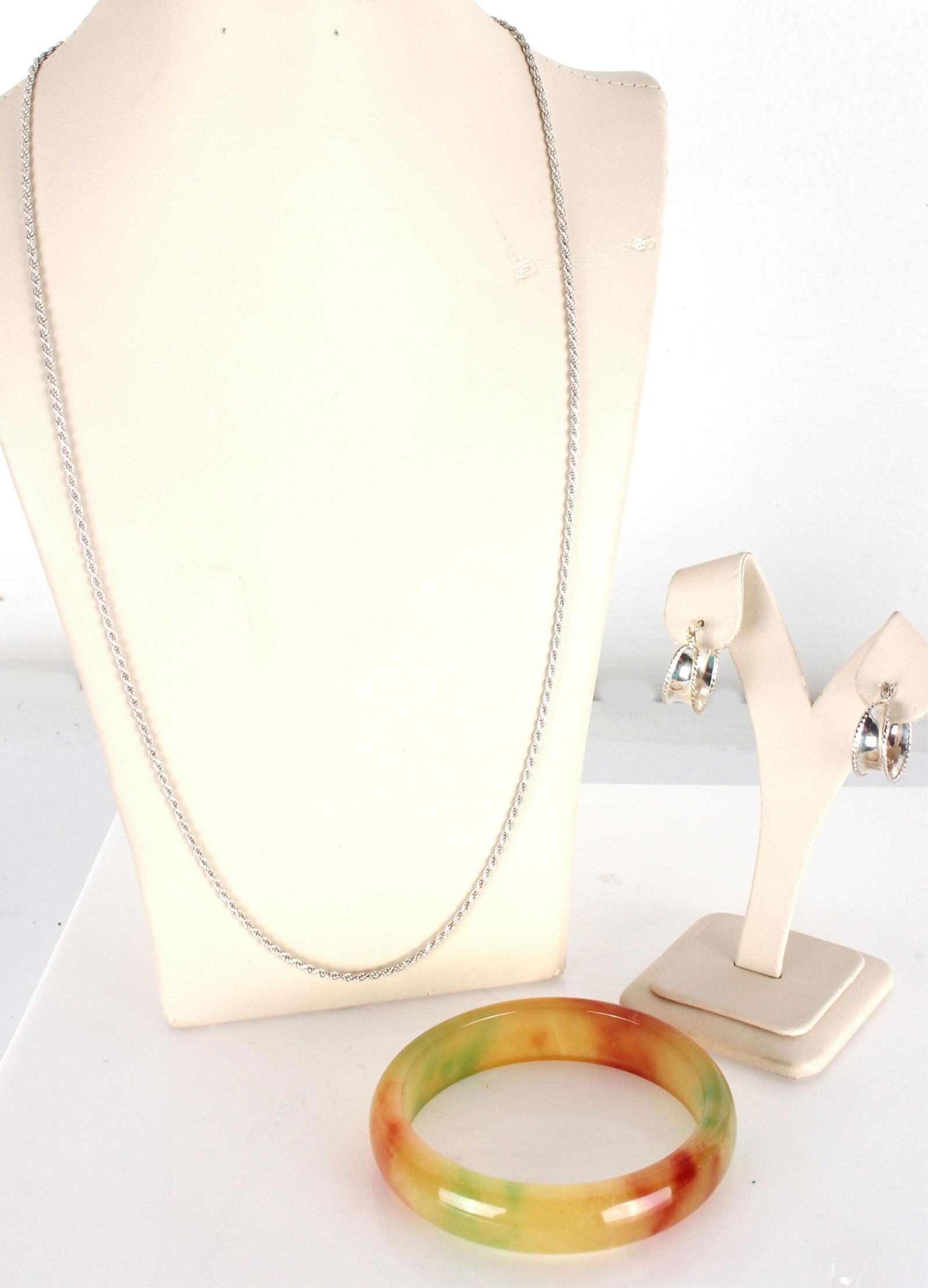 STERLING SILVER EARRINGS, CHAIN & JADE BRACELET (1 of 4)