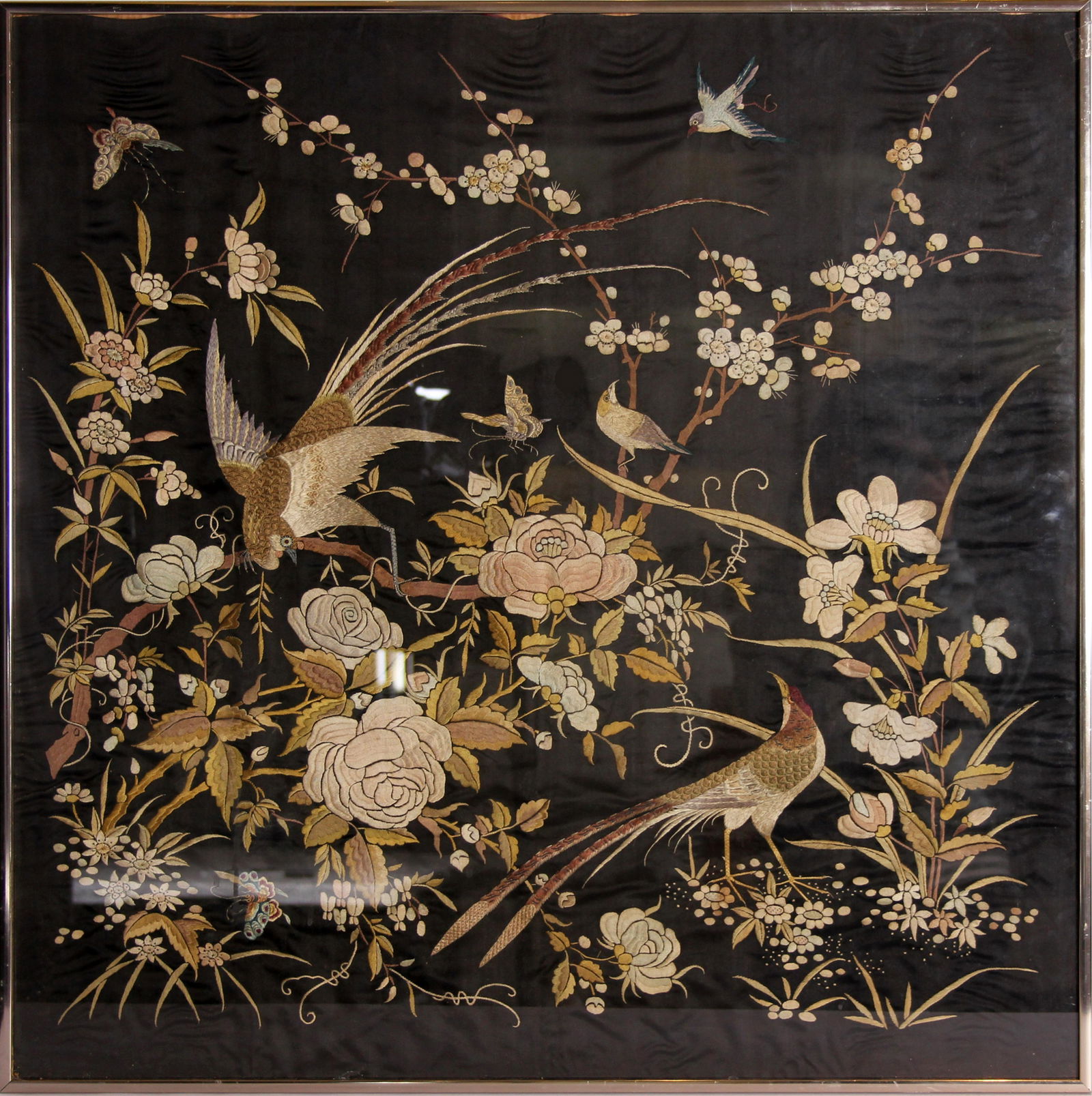 FRAMED ASIAN SILK EMBROIDERY OF PHEASANT & FLOWER (1 of 1)
