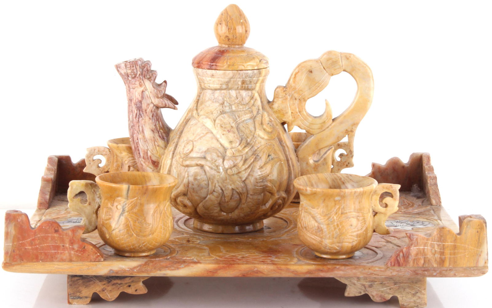 MINI CHINESE BROWN ONYX CARVED DRAGON TEA-SET (1 of 5)