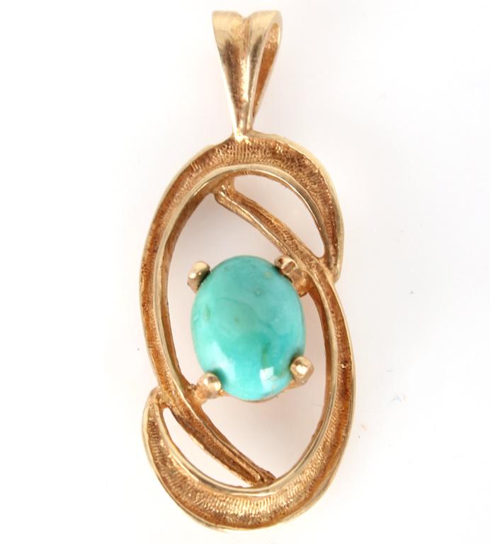 12K YELLOW GOLD AMAZONITE CABOCHON PENDANT: 1121412K YELLOW GOLD AMAZONITE CABOCHON PENDANT 12k yellow gold Amazonite cabochon pendant. Weight: 2.4 Grams Size: 1.25" Condition: Very fine