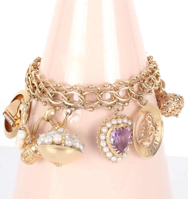 14K YELLOW GOLD, AMETHYST, PEARL & OTHERS BRACELET (1 of 5)