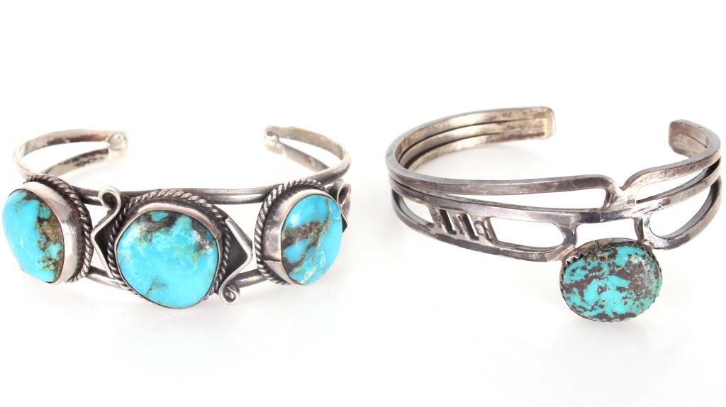 VINTAGE NAVAJO THIN SILVER & TURQUOISE CUFFS - (2) (1 of 2)
