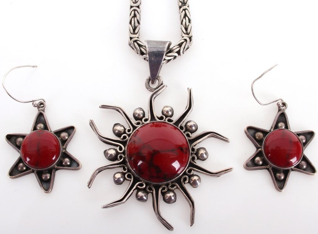 STERLING SILVER & RED STONE NECKLACE & EARRINGS (1 of 2)