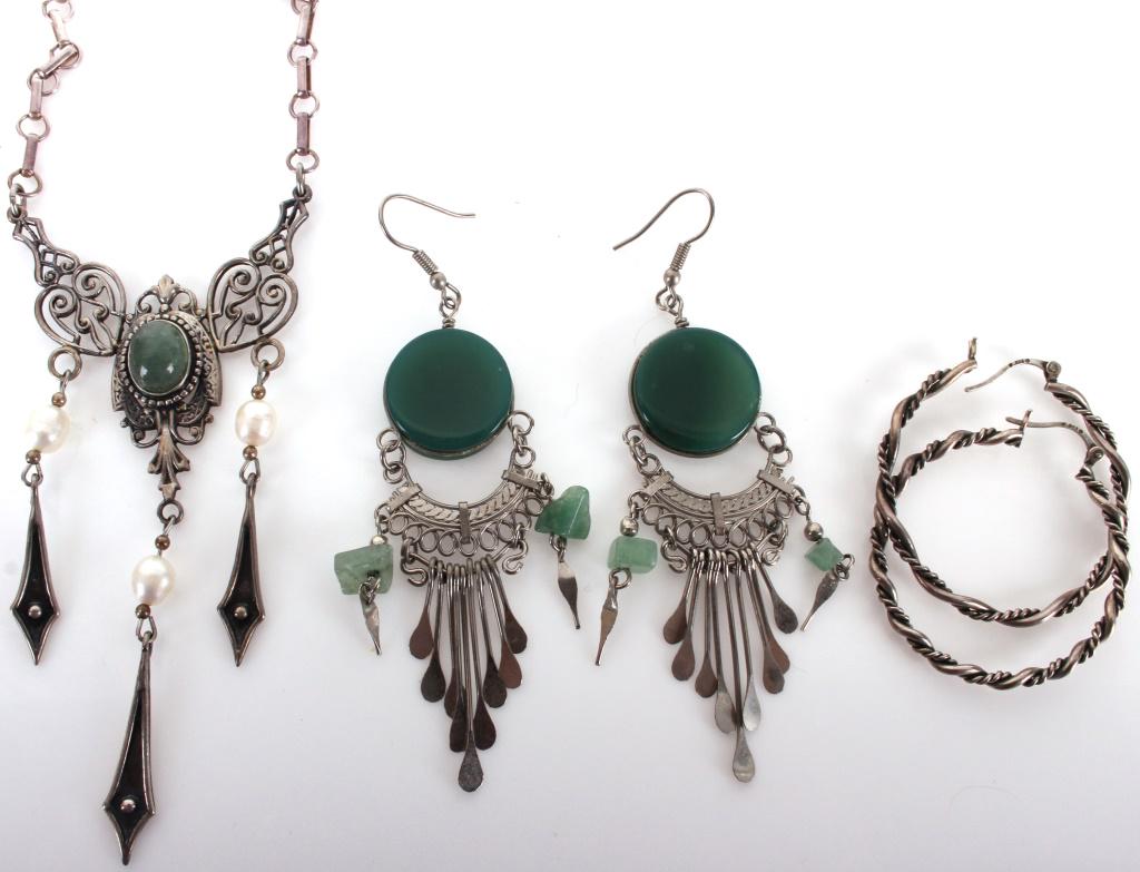 STERLING SILVER EARRINGS WITH JADE &PEARL NECKLACE (1 of 3)