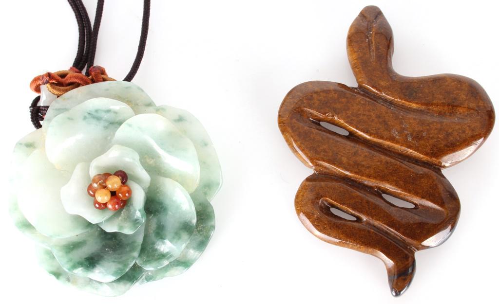 HANDCARVED SNAKE AND JADE FLOWER PENDANTS (1 of 3)
