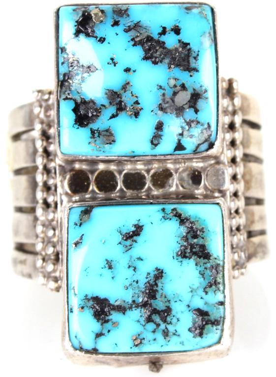 NAVAJO SILVER RING W/ TWO SQUARE TURQUOISE STONES (1 of 3)