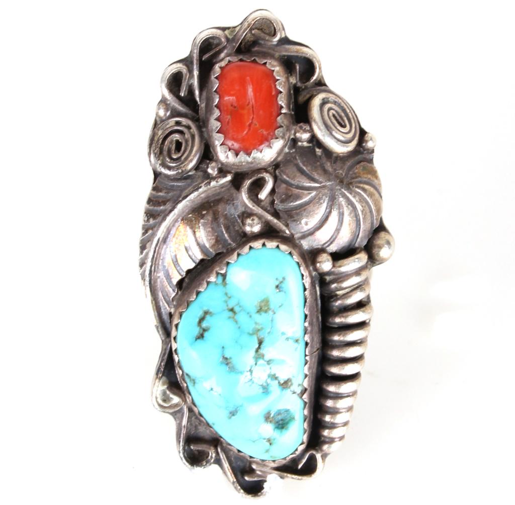 ENGRAVED SHELLS SILVER RING W/ TURQUOISE & CORAL (1 of 2)