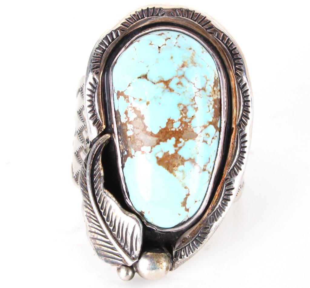 NAVAJO SILVER & TURQUOISE RING W/ LEAF ENGRAVING (1 of 2)