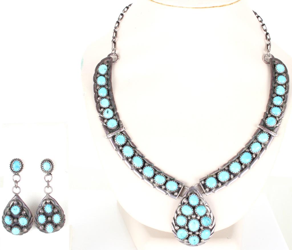 NAVAJO STERLING TURQUOISE NECKLACE & EARRINGS (1 of 5)